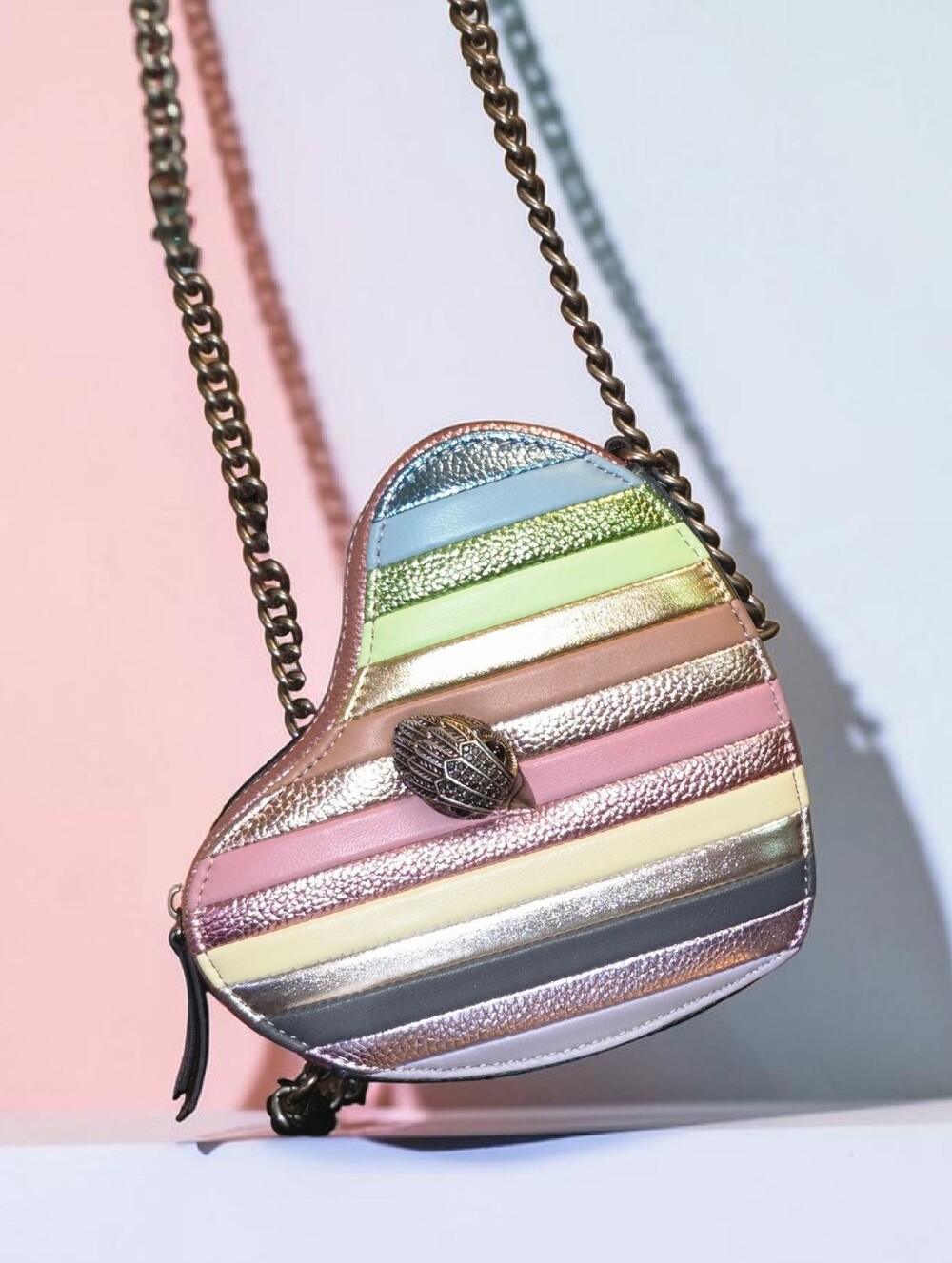 Kurt Geiger Kensington Heart Metallic Leather Stripe Crossbody, NWT